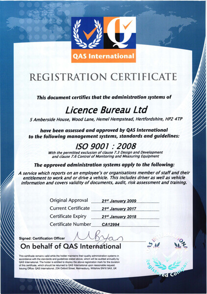 QAS International Registration Certificate - Licence Bureau Ltd