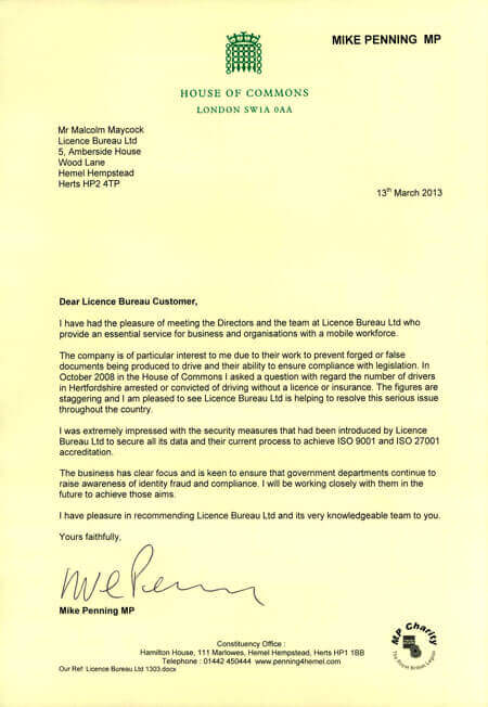 House of Commons letter from Mike Penning